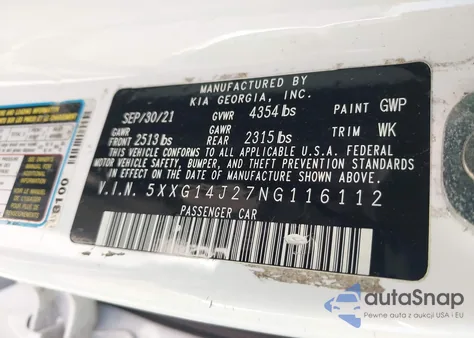 2022 Kia K5 Lxs z USA, uszkodzony, nr VIN 5XXG14J27NG116112